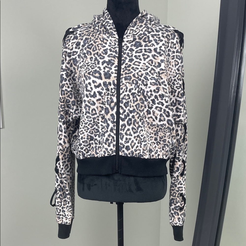 Victoria Sport Chic Leopard Print Bomber Jacket with Black Accents Size M